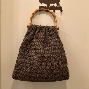 Handcrafted Brown Woven Bag with Bamboo Handle ,great summer bag.